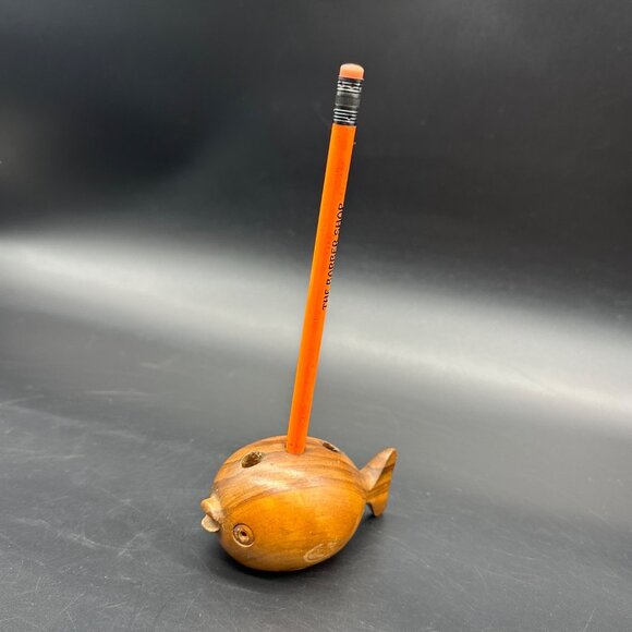 Vintage Mid Century Modern Wooden Puffer Fish Pencil Holder Paperweight Kitschy - Picture 1 of 11
